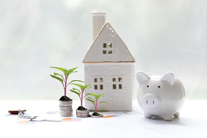 Photography of a house, a piggy bank and stacks of money with plants growing from them representing financial growth